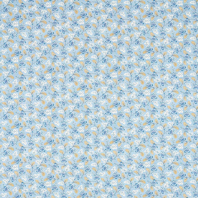 Pale indigo floral fabric with cream and gold tiny trailing motif
