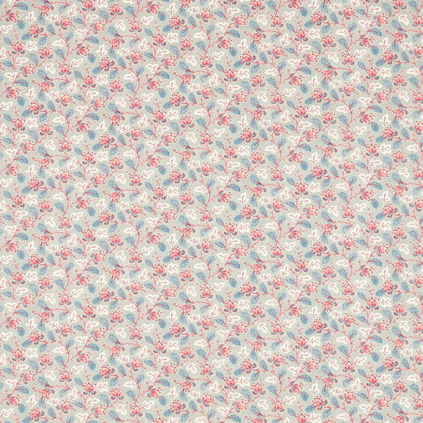 Small floral print in ink blue, pink and cream on a pale ground
