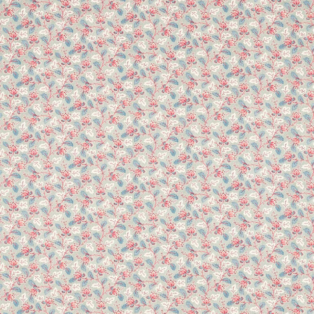 Small floral print in ink blue, pink and cream on a pale ground