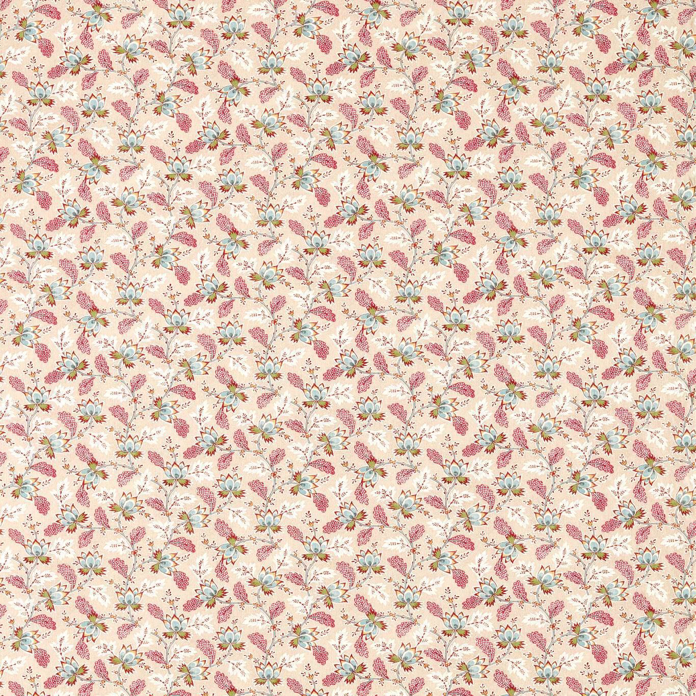 Small-scale floral trail fabric with cream ground, mulberry pink blooms and aqua accents