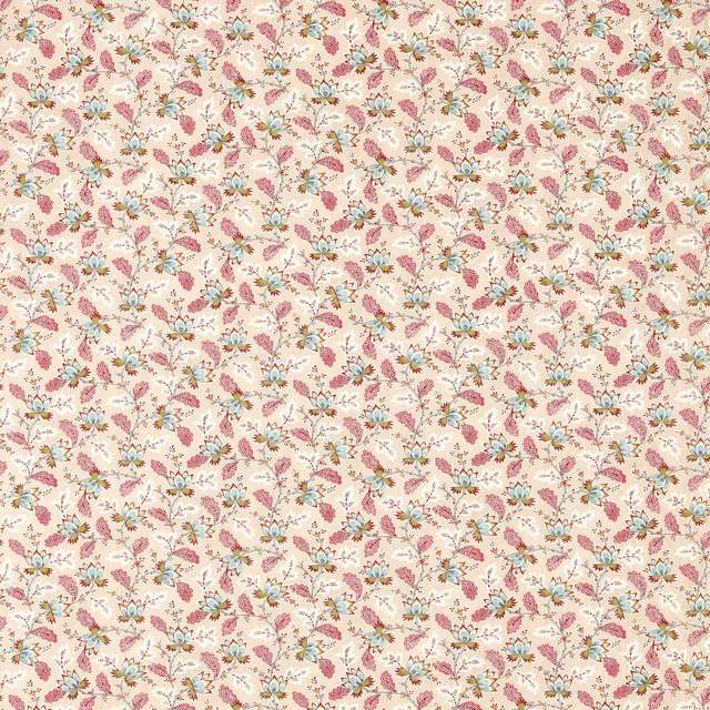 Small-scale floral trail fabric with cream ground, mulberry pink blooms and aqua accents