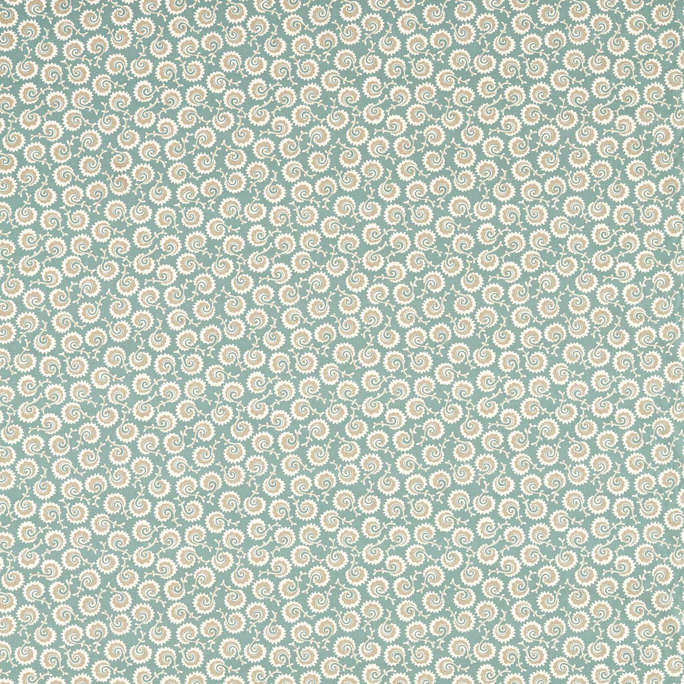 Small cream scrolling motif on a soft sage green fabric ground