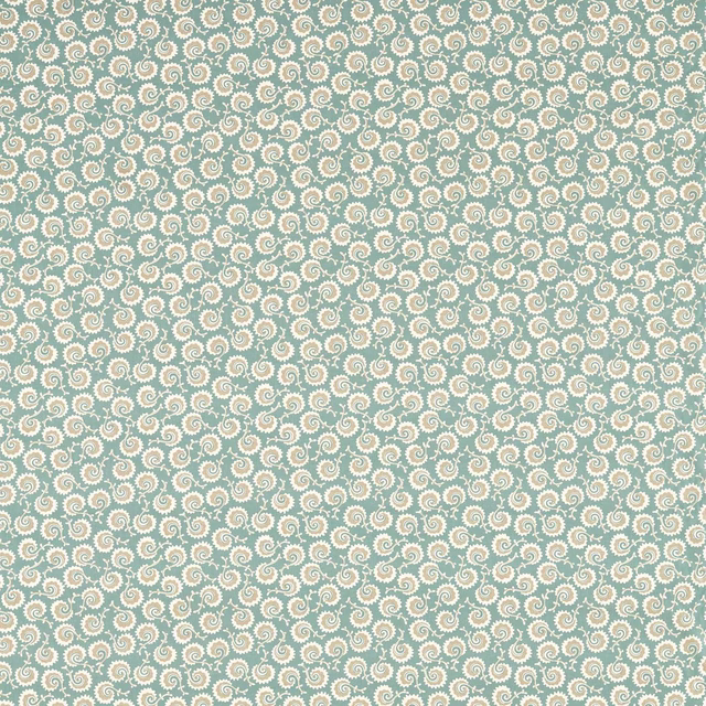 Small cream scrolling motif on a soft sage green fabric ground