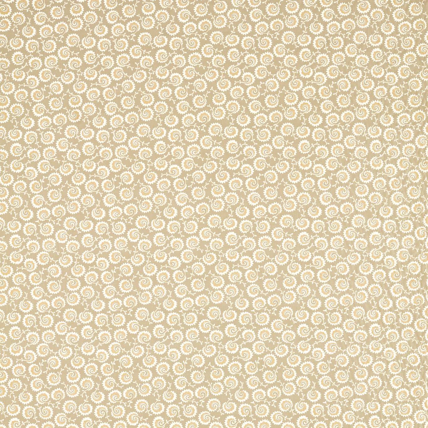 Warm fawn fabric with tiny cream scrolling frond motif across the swatch