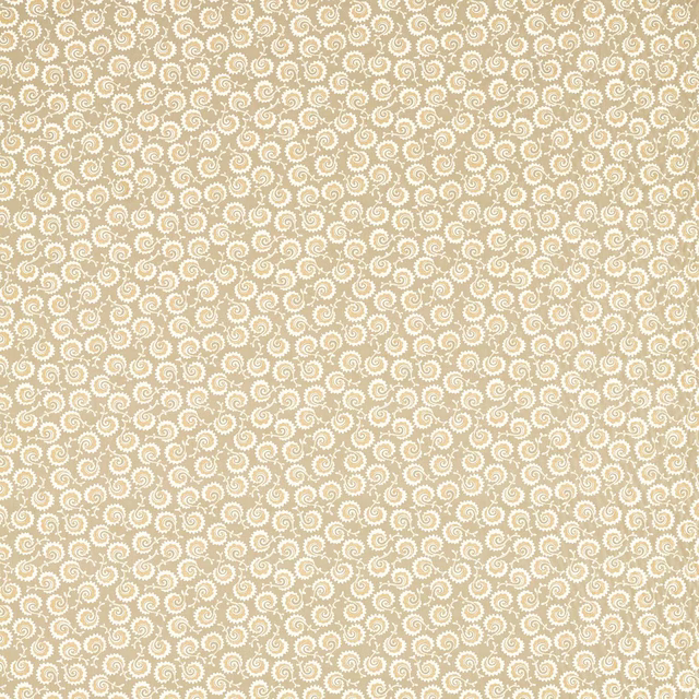 Warm fawn fabric with tiny cream scrolling frond motif across the swatch