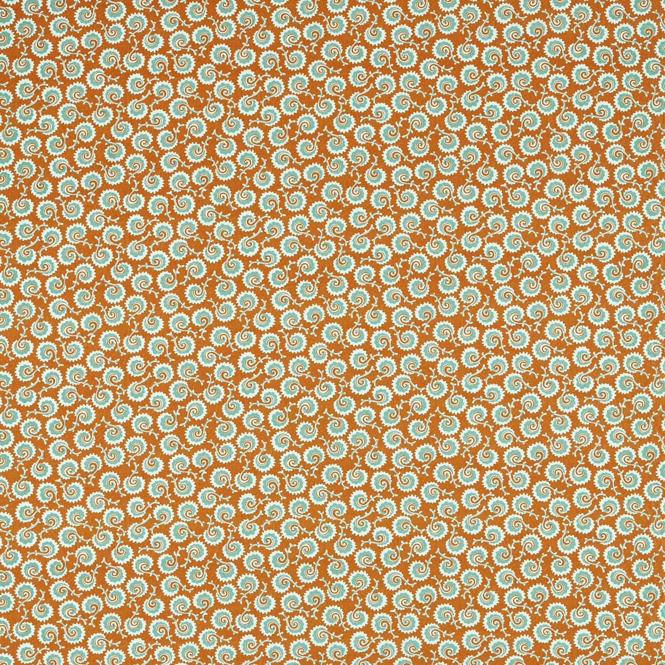 Repeated small-scale scrolling leaf print in terracotta, cream and blue-green