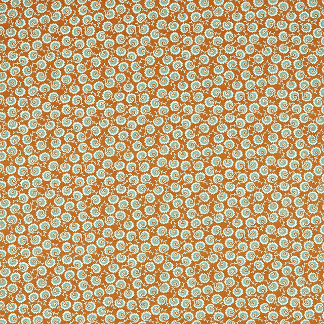 Repeated small-scale scrolling leaf print in terracotta, cream and blue-green