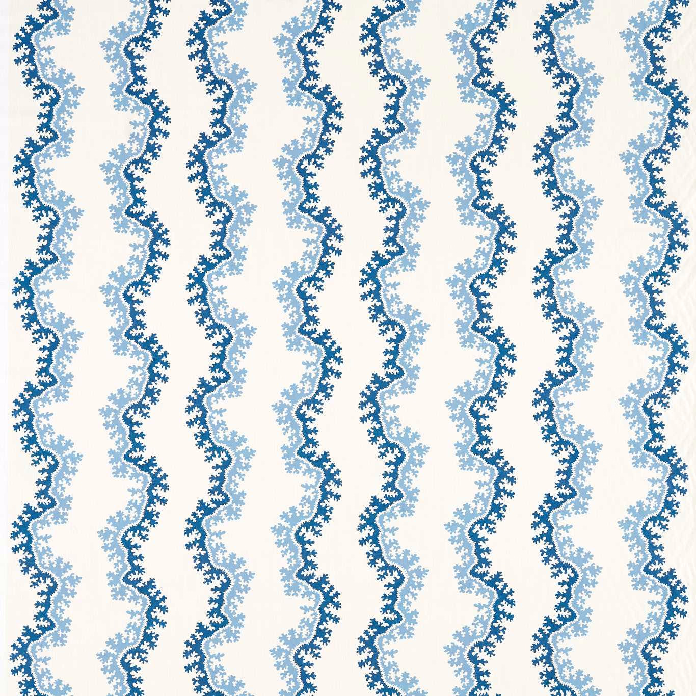 Vertical wavy indigo and pale blue stripe fabric on an ivory ground