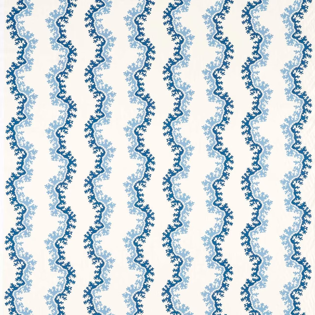 Vertical wavy indigo and pale blue stripe fabric on an ivory ground
