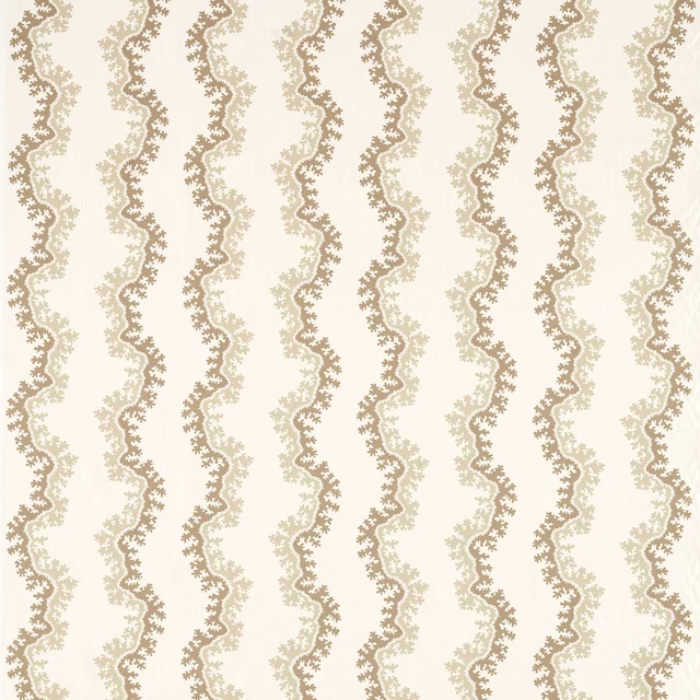 Cream linen fabric with wavy leafy beige vertical stripe pattern