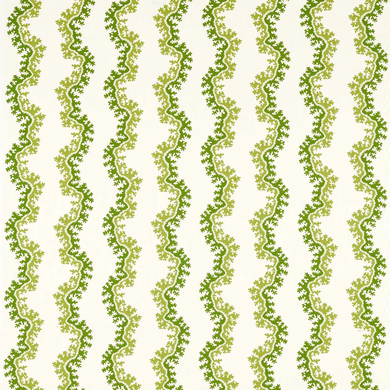 Cream fabric with vertical wavy sap green leafy stripe pattern
