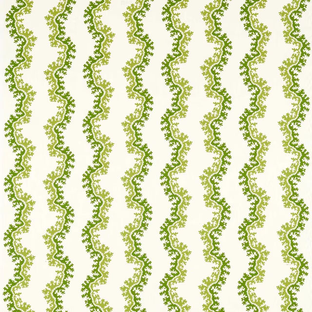 Cream fabric with vertical wavy sap green leafy stripe pattern