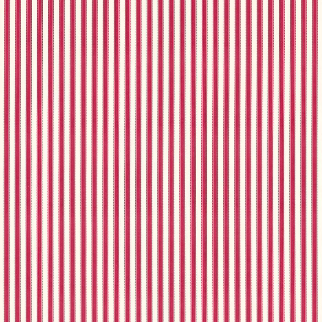 Cream fabric swatch with narrow vertical mulberry stripes and fine woven texture