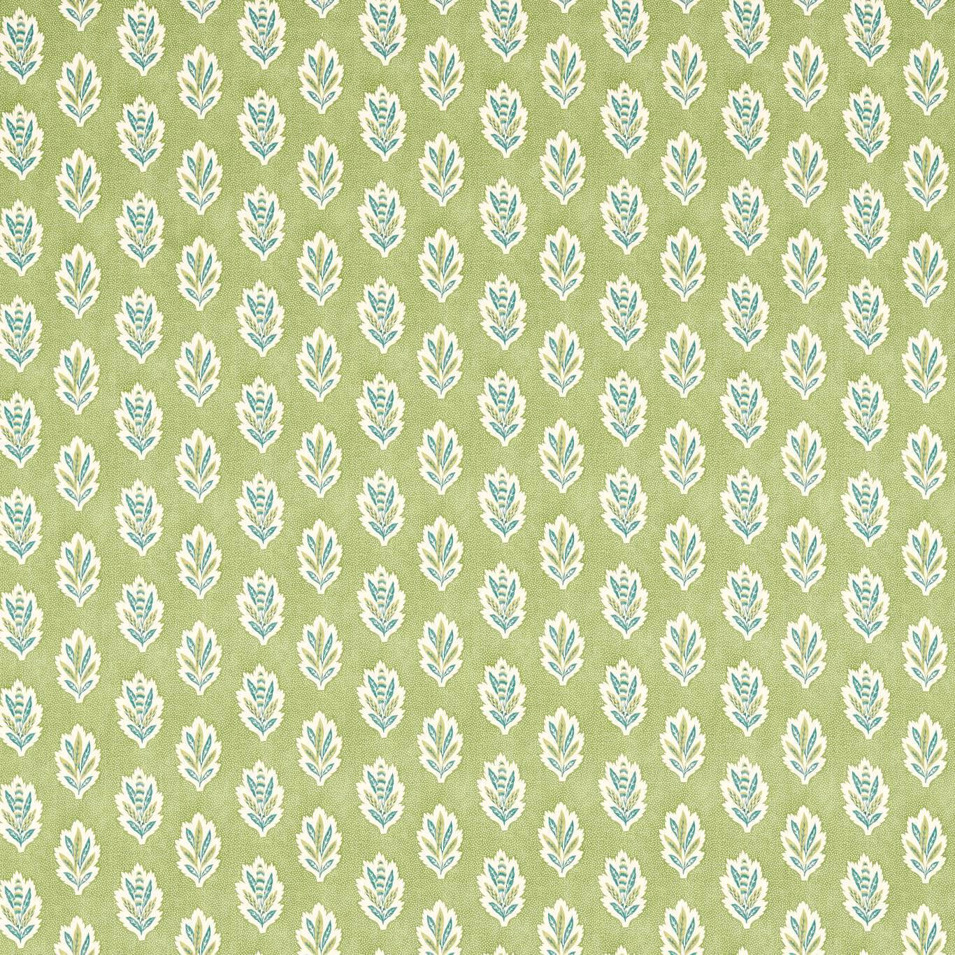 Repeated small leaf motif on muted artichoke green printed fabric