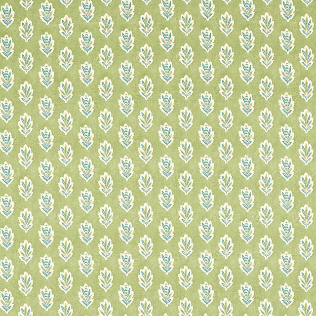 Repeated small leaf motif on muted artichoke green printed fabric
