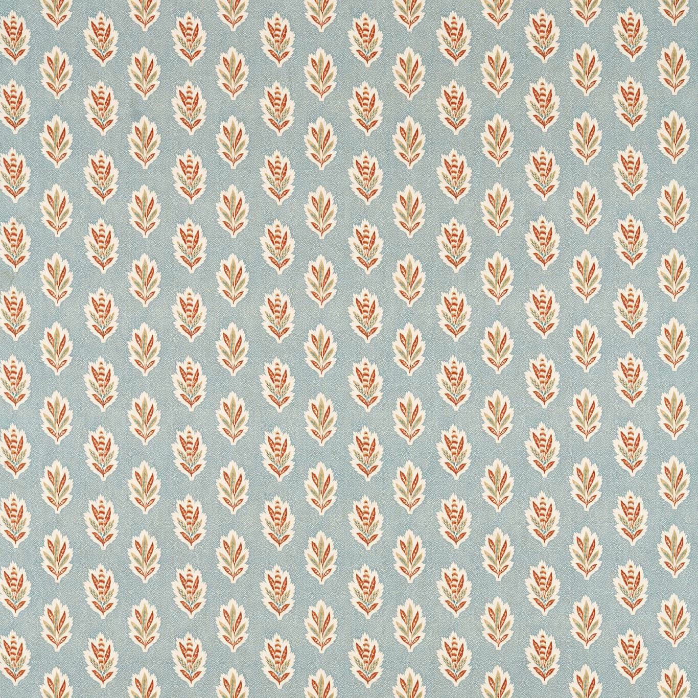 Small cream leaf motifs on a soft blue clay ground with warm terracotta accents