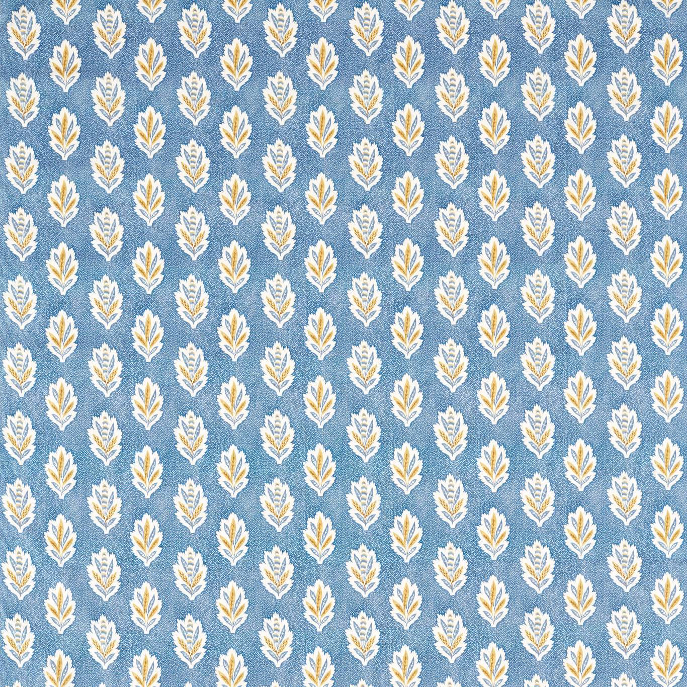 Blue fabric swatch with small cream and gold leaf motif in neat repeat
