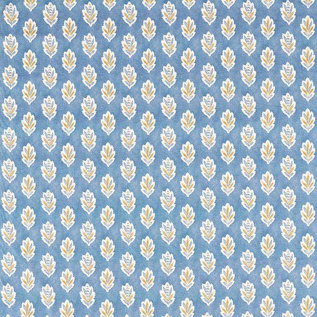 Blue fabric swatch with small cream and gold leaf motif in neat repeat