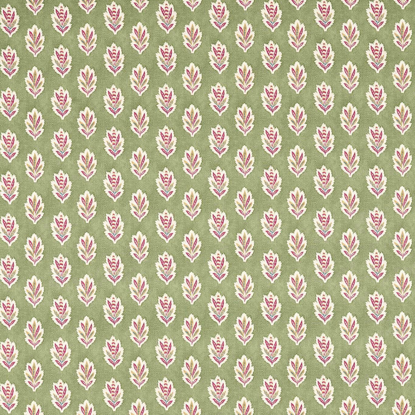 Small cream and plum leaf motifs on a soft forest-green woven ground