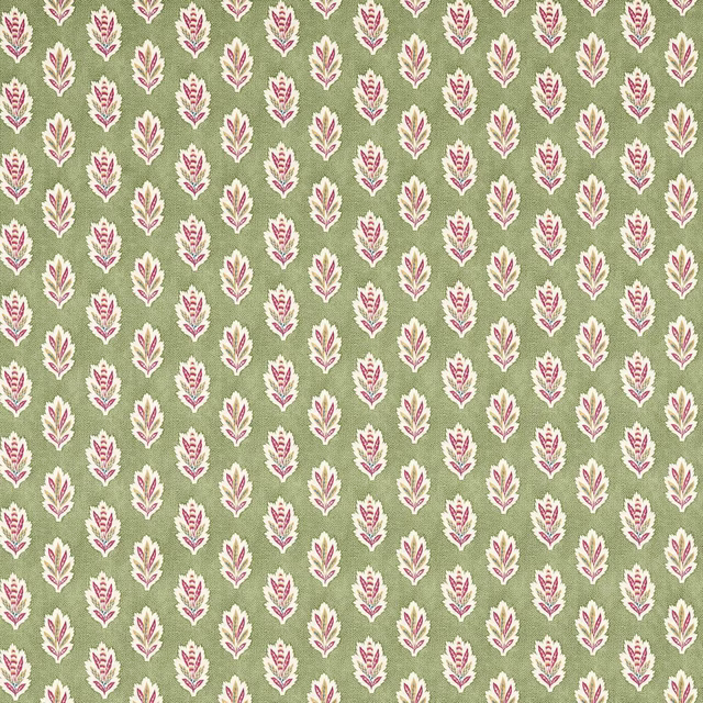Small cream and plum leaf motifs on a soft forest-green woven ground