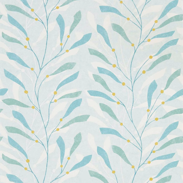 Pale aqua wallpaper with lichen leaves, fine branches and yellow berry dots