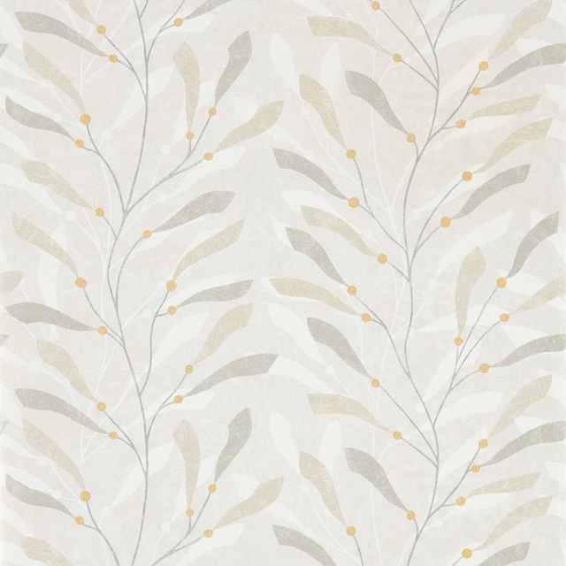 Pale cream wallpaper with slate and driftwood leaves and ochre dots