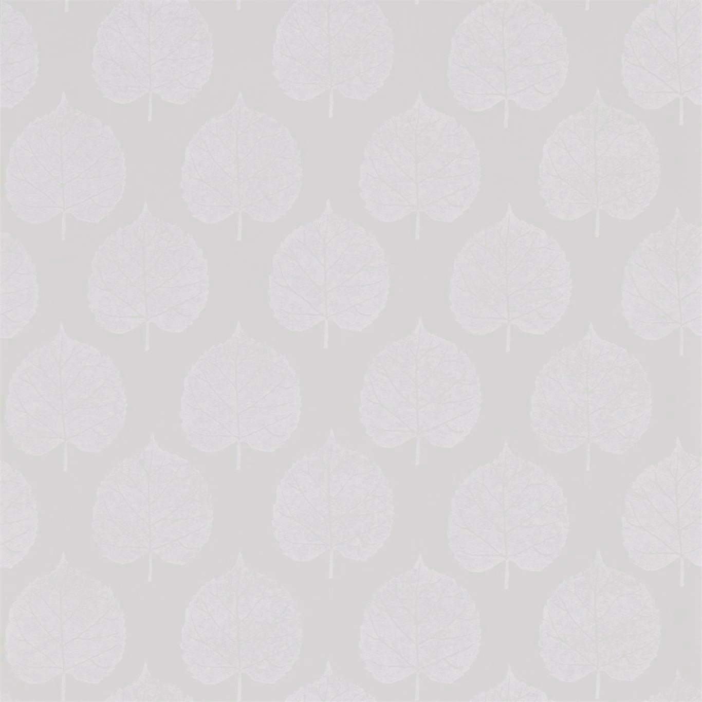 Soft dove-grey wallpaper with chalk-white veined leaf silhouettes in a repeating layout