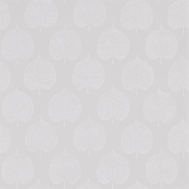 Soft dove-grey wallpaper with chalk-white veined leaf silhouettes in a repeating layout