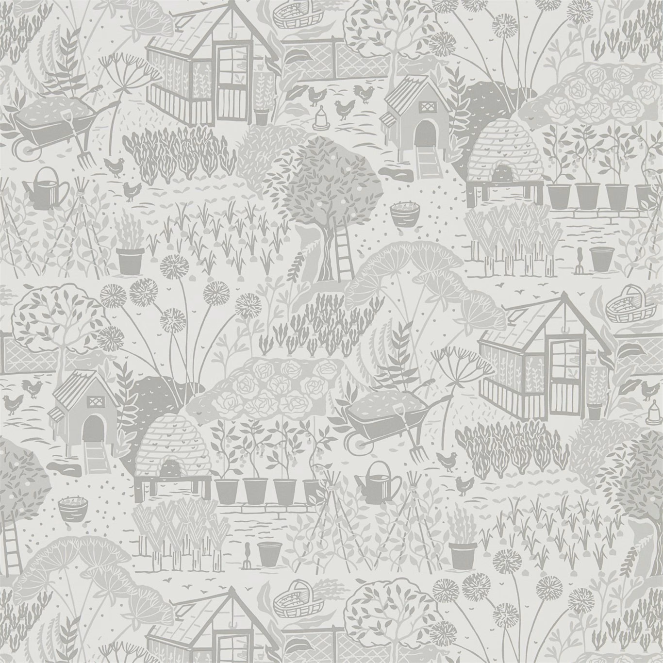 Soft dove-grey allotment wallpaper with greenhouses, sheds, watering cans and vegetable beds