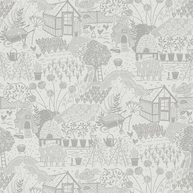 Soft dove-grey allotment wallpaper with greenhouses, sheds, watering cans and vegetable beds
