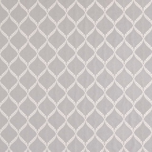 Silver-grey patterned fabric with ivory leaf lattice trellis
