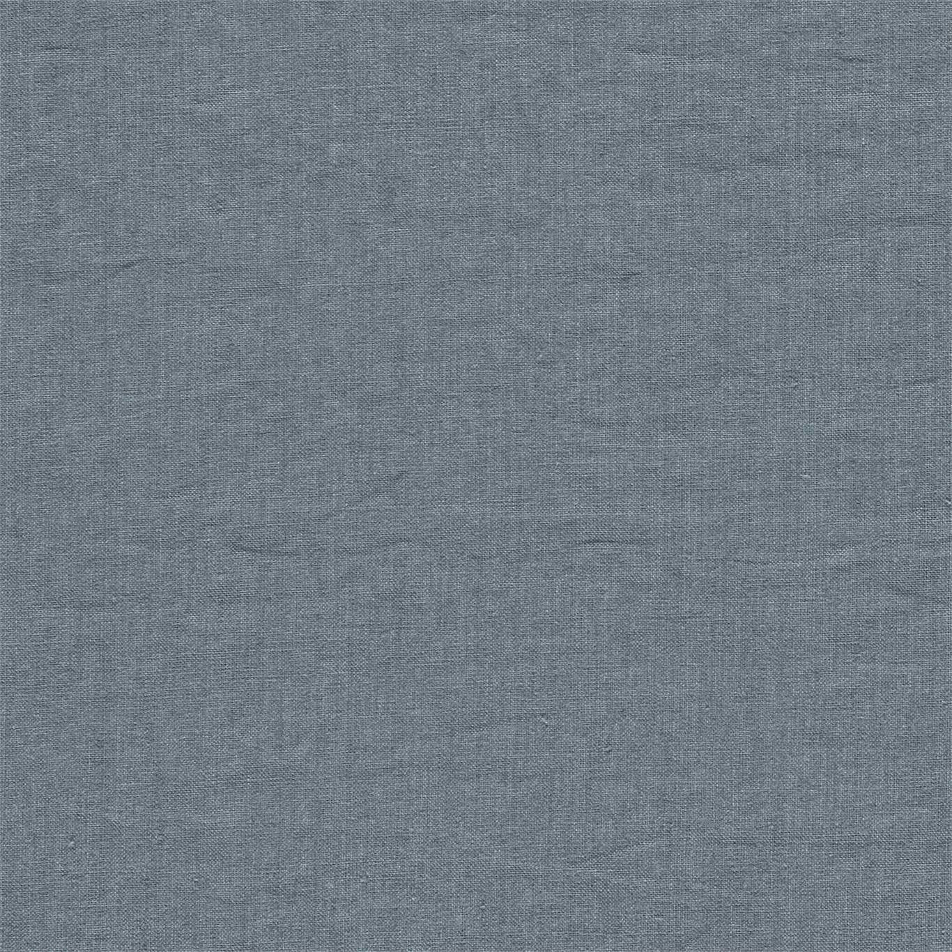 Muted slate-blue linen swatch with a fine plain weave and soft textured finish