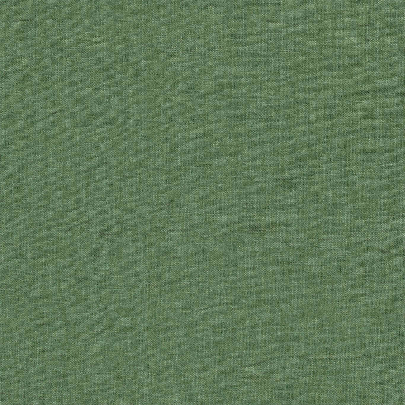 Muted moss green plain weave linen fabric swatch with fine texture