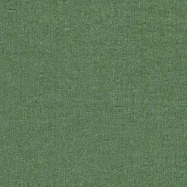 Muted moss green plain weave linen fabric swatch with fine texture