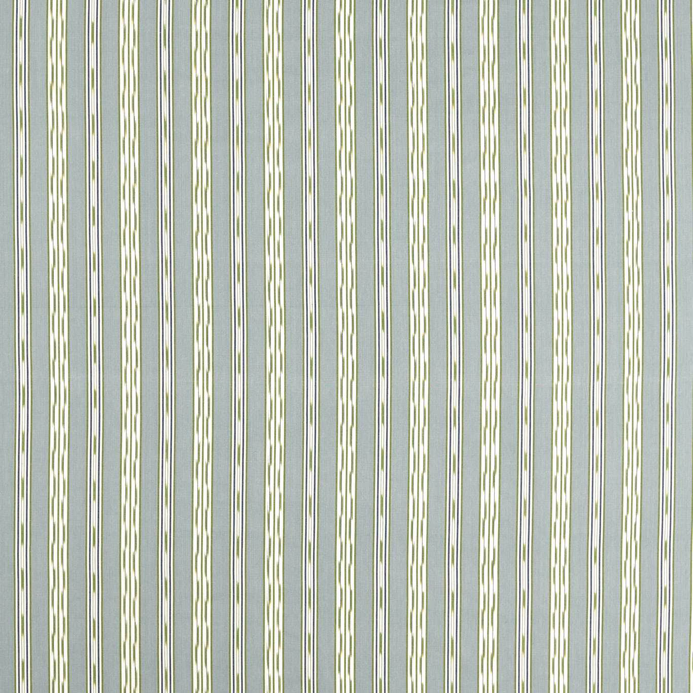 Vertical mineral blue-green stripe fabric with narrow cream ikat detail on a smooth weave