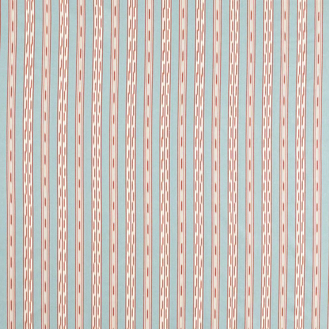 Vertical mineral blue and coral striped fabric swatch with fine woven texture