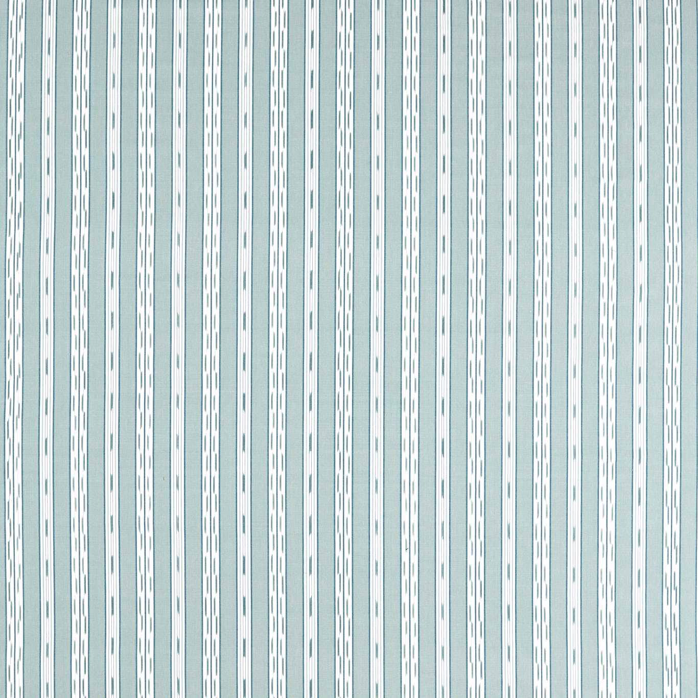 Pale porcelain fabric with narrow blue vertical stripes and small linked motifs