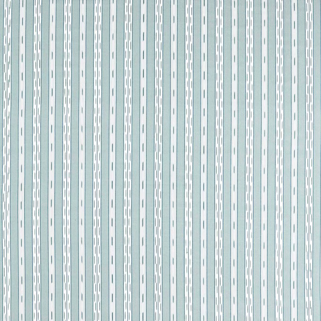 Pale porcelain fabric with narrow blue vertical stripes and small linked motifs