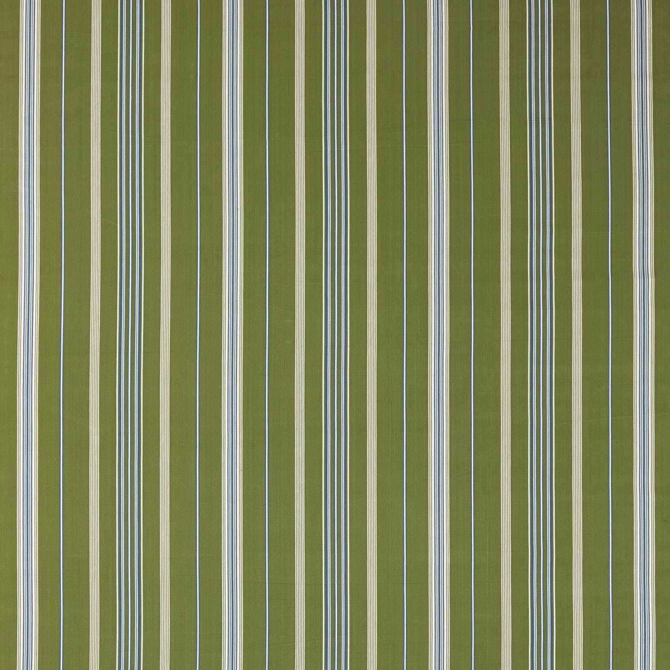 Vertical avocado green stripe fabric with cream and indigo lines