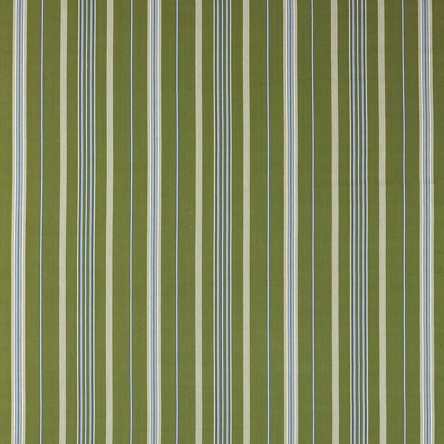 Vertical avocado green stripe fabric with cream and indigo lines