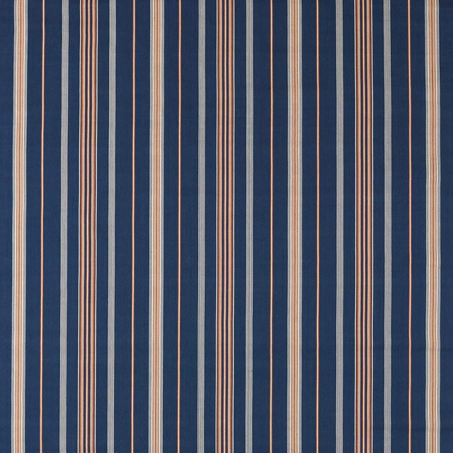 Vertical indigo stripe fabric with madder, cream and pale blue woven bands