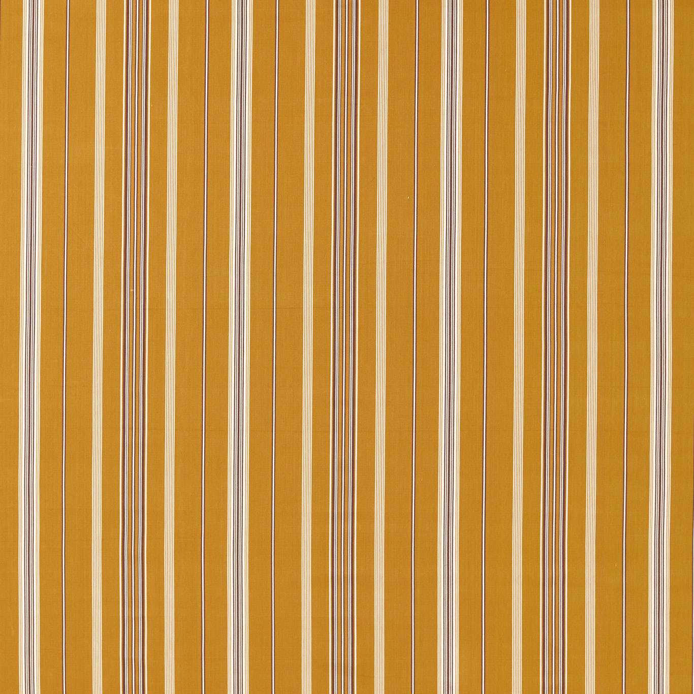 Vertical turmeric gold stripe fabric with narrow walnut and cream lines