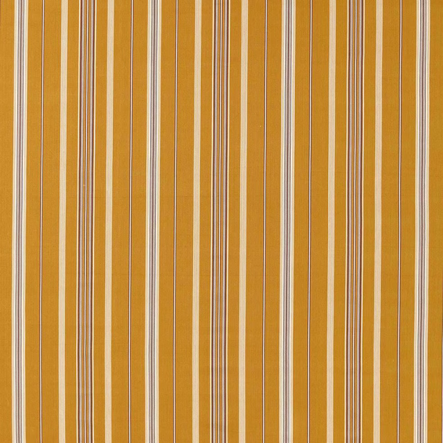 Vertical turmeric gold stripe fabric with narrow walnut and cream lines