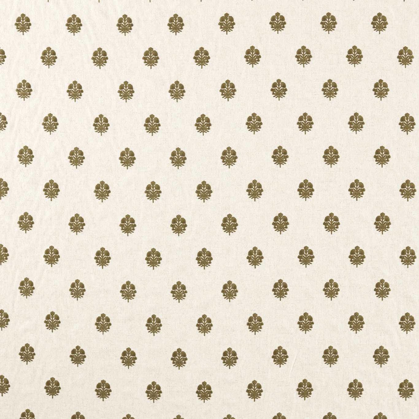 Cream woven fabric with small olive damask motifs in a regular repeat