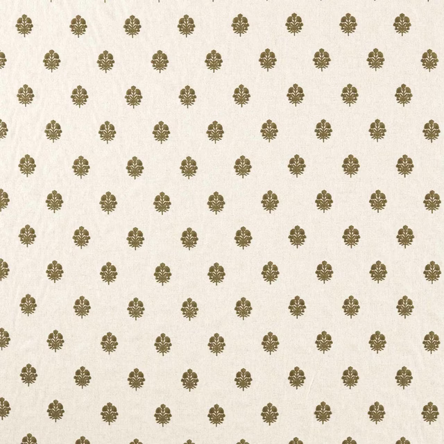 Cream woven fabric with small olive damask motifs in a regular repeat