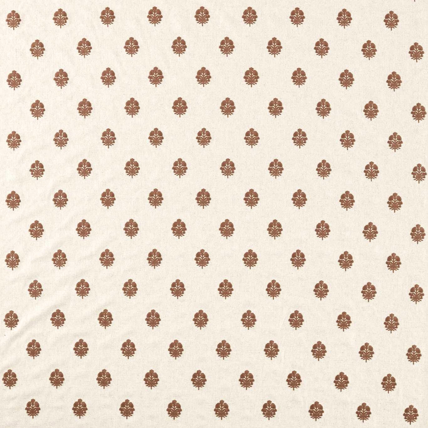 Ivory woven fabric with small terracotta-brown damask motifs in an even repeat