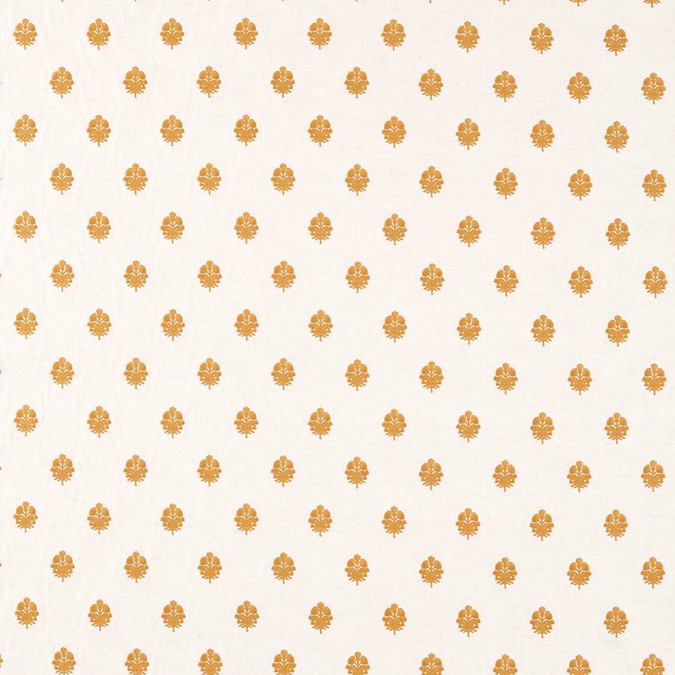 Pale ground fabric with small turmeric-gold repeating motifs in a neat grid