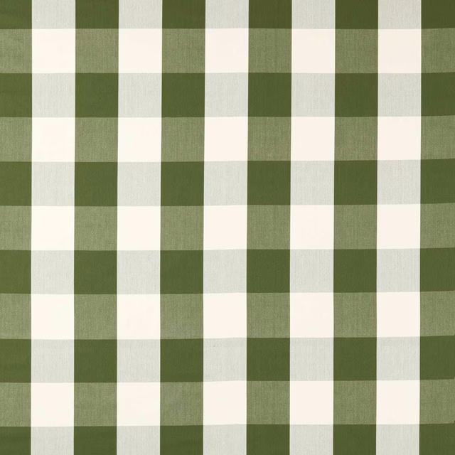 Avocado green and ivory woven check fabric with a smooth matte texture