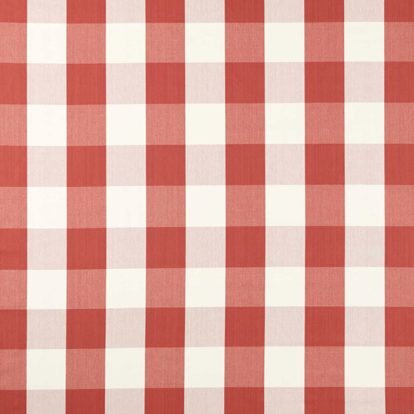 Coral red and cream checked fabric with a fine woven texture