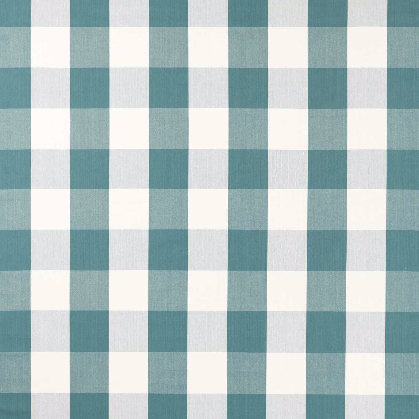 Teal and ivory check fabric swatch with a fine woven texture